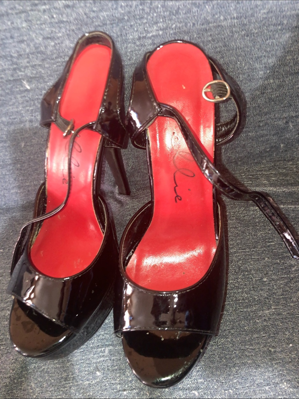 Ellie Black Patent Open-Toe Heels with Red Insole